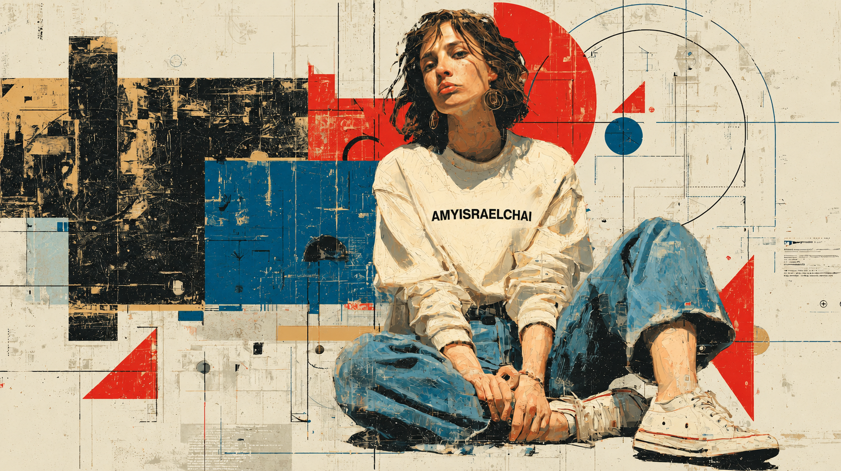 Karin Komkov wearing an AMYISRAELCHAI sweatshirt in an editorial collage