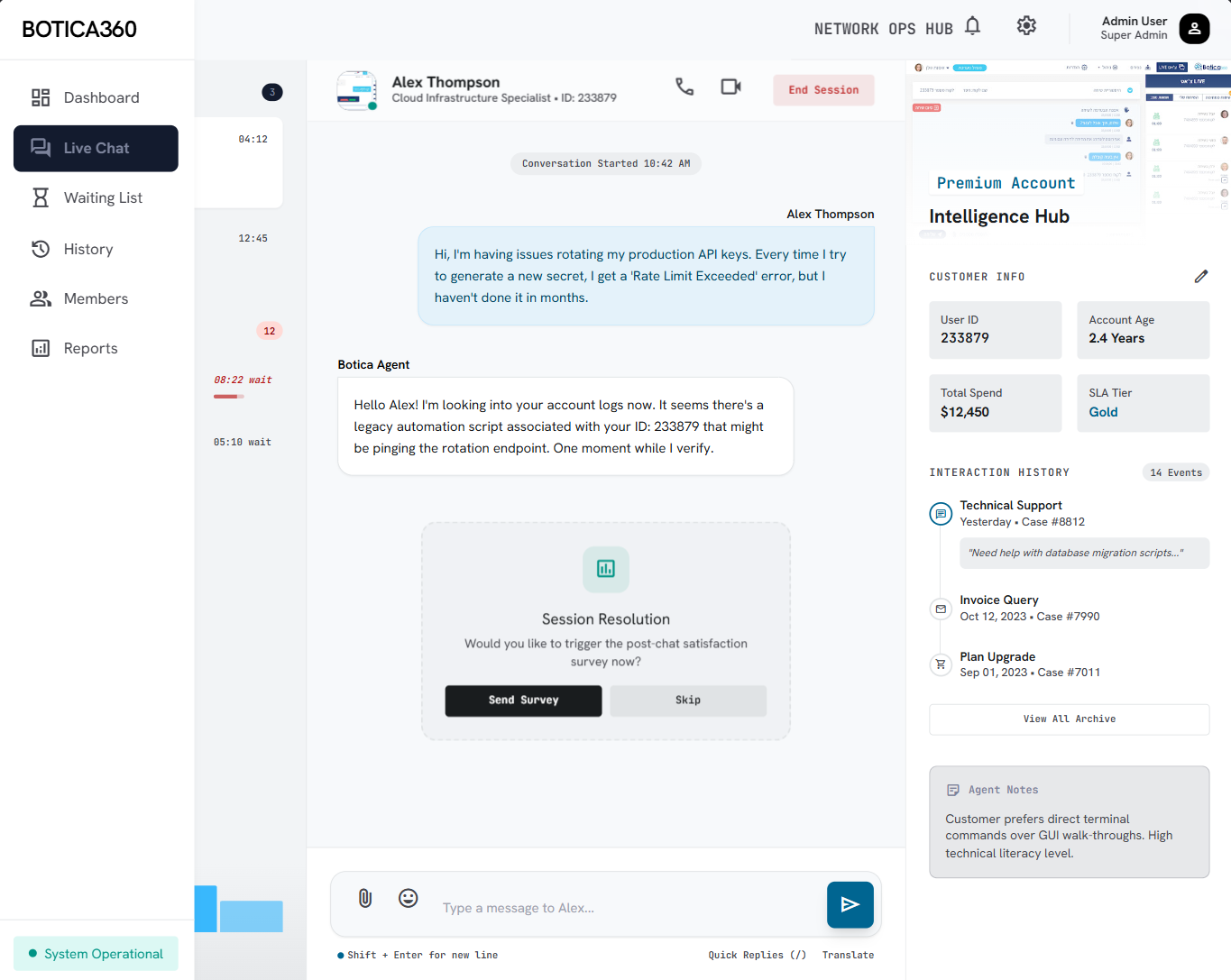 Botica360 live customer-support workspace